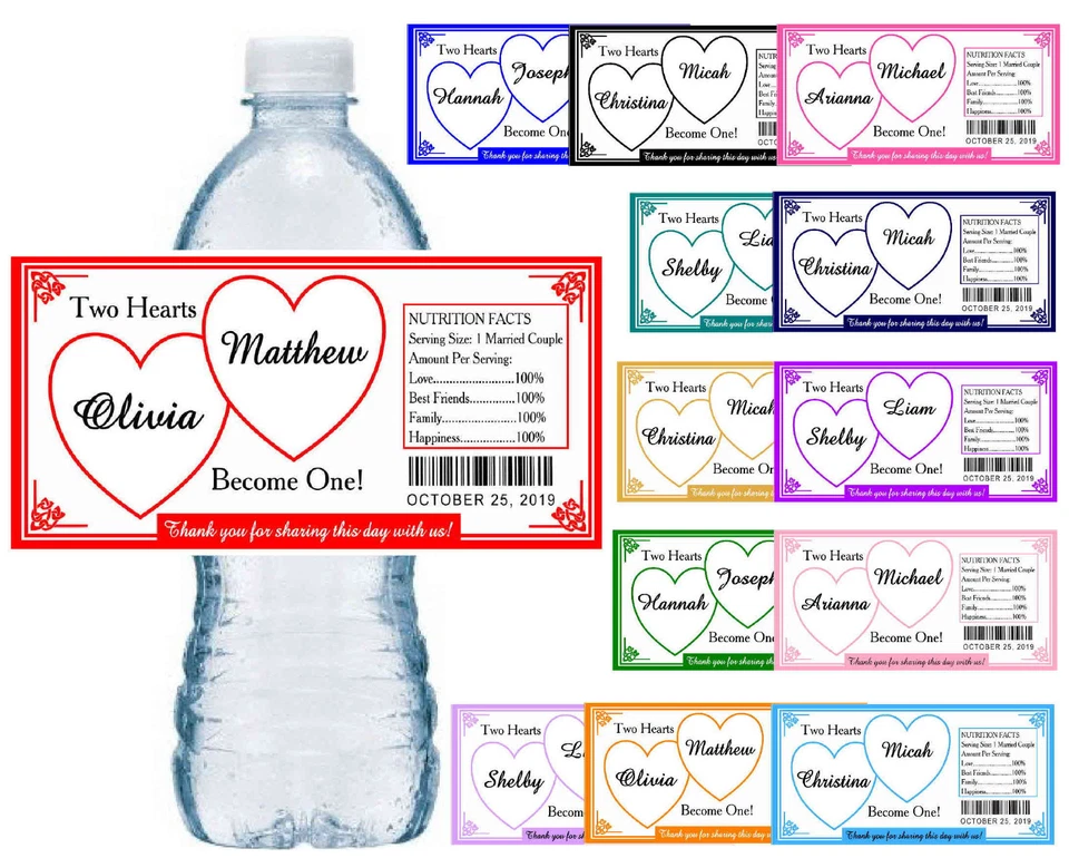 HEARTS WEDDING FAVORS 水瓶标签防水 ~ 光面 ~ 任何颜色 — 第 1/2 张图片