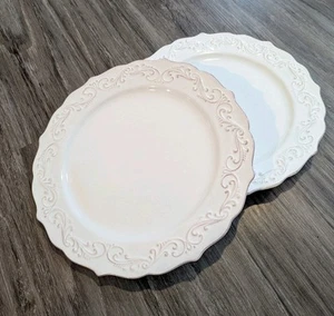 Set of 2 Pier 1 Imports Antique Scroll Dinner Plates 11” White Embossed Dolomite - Picture 1 of 17