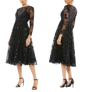 Mac Duggal Blumen Perlen & Pailletten Midikleid Größe 14 $ 498 Neu mit Etikett schwarz Cocktail - Bild 1 von 20