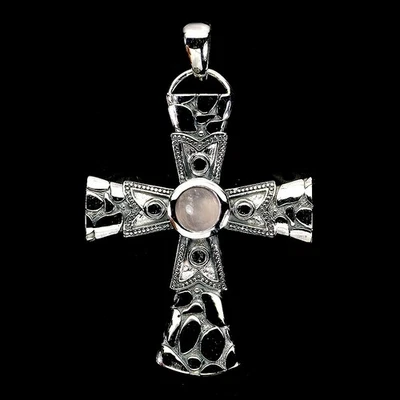 Colgante de plata de ley 925 redondo cuarzo rosa 5 mm cruz piedras preciosas naturales joyería Foto 1 de 4