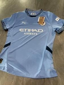 New Puma Mcfc Crew Neck Short Sleeve Home Soccer Jersey Replica Womens Blue Sz M - Picture 1 of 8