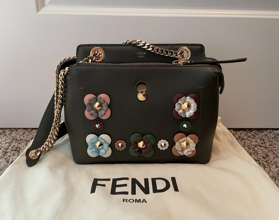 Fendi Green Studded Floral Small Dotcom Chain Shoulder Crossbody Handbag $3000 - Image 1 of 4