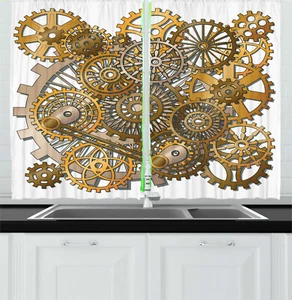 Modern Curtains Steampunk Gears Design Window Drapes 2 Panel Set 55x39 Inches - Picture 1 of 2