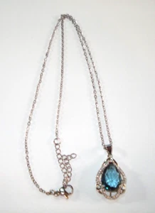 Large Blue Teardrop Topaz Stone /Clear Crystal Pendant Necklace NWOT - Picture 1 of 7