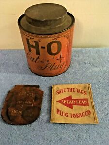 VINTAGE SPEAR HEAD PLUG TOBACCO POUCHES H-O CUT PLUG TIN CANISTER ADVERTISING 