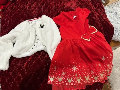 Disney Store Минни-Маус Рождество красный платье золото девочек белый мех пальто размер 7-8 - Изображение 1 из 4