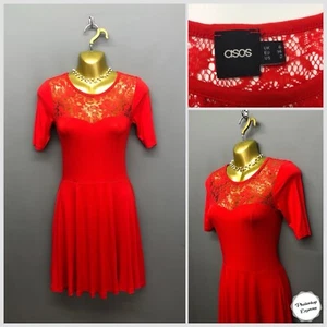 ASOS Chilli Red Laced Sheer Jersey Dress UK 6 EUR 34 Stretchy - Picture 1 of 13