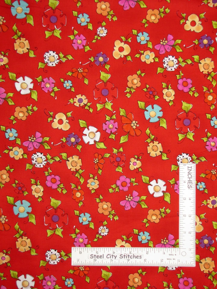 Flores Tela Floral Happy Blooms Flor Rojo Algodón Loralie Diseños Por Yarda Foto 1 de 1