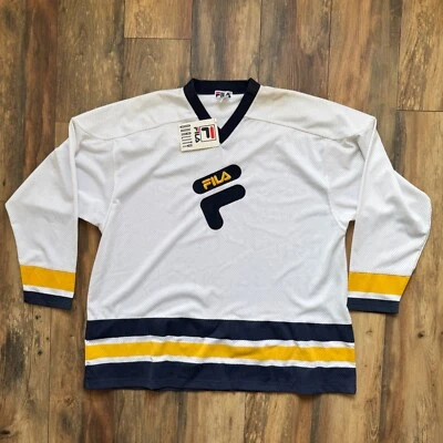 Camiseta deportiva de hockey vintage Y2K FILA talla XL a rayas blanca azul amarilla hip hop nueva con etiquetas Foto 1 de 4