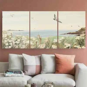 3pcs Neutral Tones Daisy Field at the Sea Coast Metal Print Ready to Hang Art - Bild 1 von 7