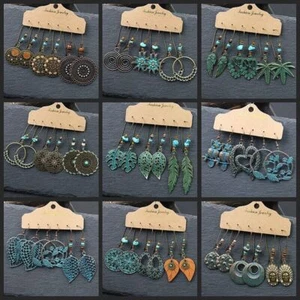 Boho 3Pcs/set Ethnic Leaf Bronze Earrings Set Vintage Hanging Earrings for Women - Picture 1 of 31