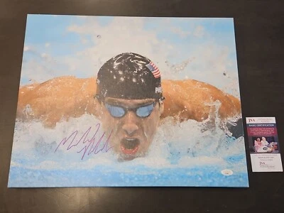 Michael Phelps FIRMADO 16X20 Lona Estirada EE. UU. Natación Olímpica Certificado de Autenticidad JSA Foto 1 de 4