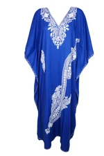 Womens Kaftan Blue Kimono Maxi Dress Floral Embroidered Beach Cover Up Dress 2X