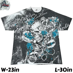 Vintage Y2K Miami Ink Skull Flower Graffiti Tattoo All Over Print AOP T-Shirt XL - Picture 1 of 7