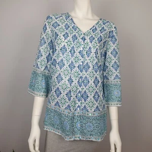 Together Size 36 V Neckline Top Blouse Shirt Blue floral 3/4 Sleeve Pin Tucking - Picture 1 of 13