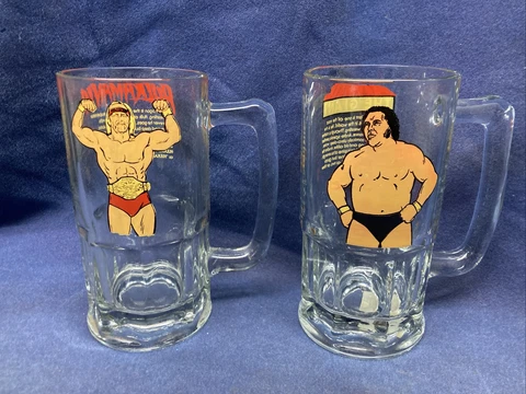 1985 WWF Andre the Giant & Hulk Hogan Large Heavy Mug Glass Vtg Titan Sports WWE Cover