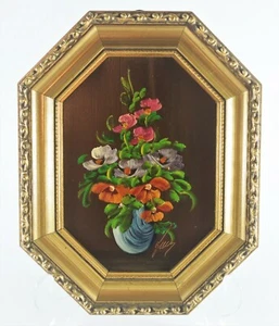 Vintage Oil Painting on Copper Signed Flowers Carved Gilt Frame Dipinto Su Rame - Picture 1 of 8