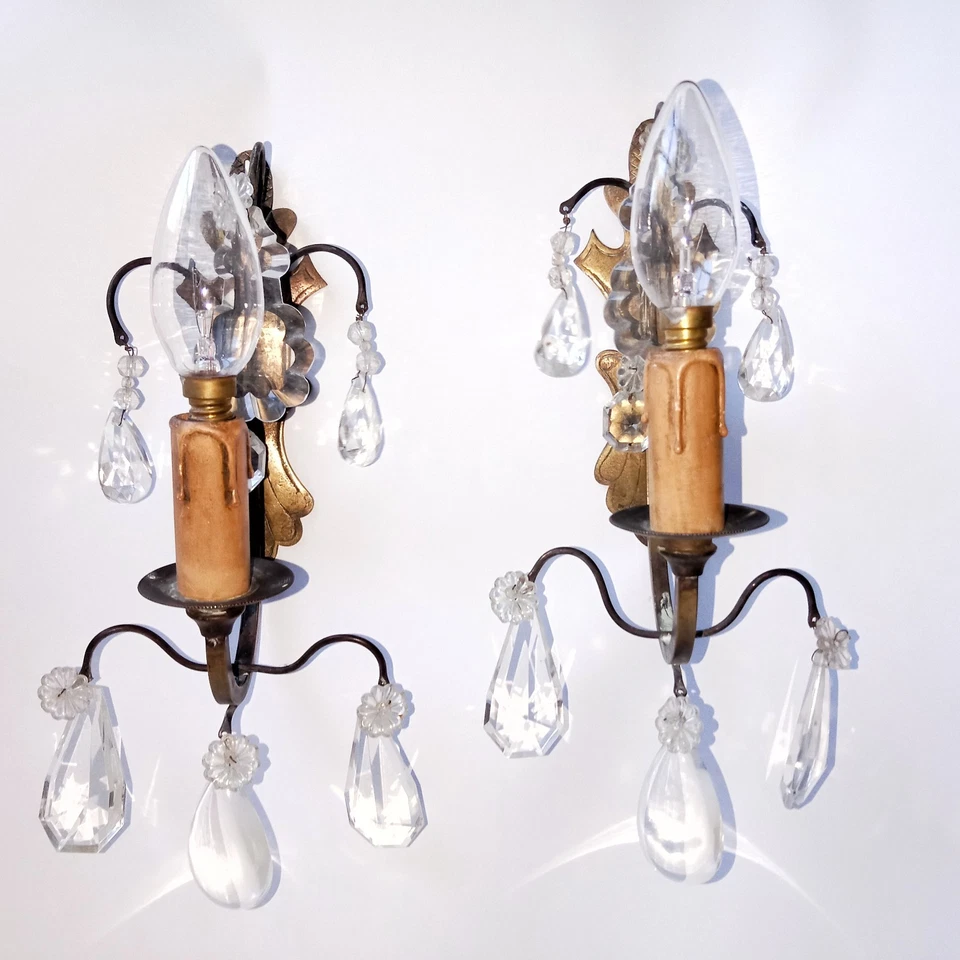 Paire Appliques Pampilles Cristal 2 Bras Metal circa 1920 dans leurs Jus - Photo 1/4