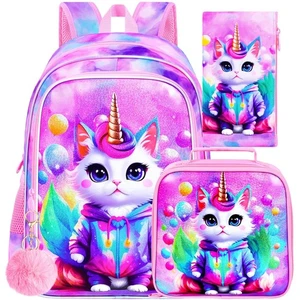 3PCS Girls Cat Backpack, 16" Unicorn Bookbag with Lunch Box for Kids, Water R... - Bild 1 von 7