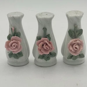 White Salt & Pepper Shakers with Pink Rose Accent Collectible Set of Three - Picture 1 of 5