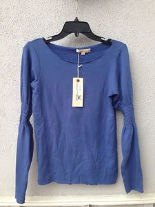 Felpa SoLow blu tinta unita elastica manica fredda collo barca nuova con etichetta $70 - Foto 1 di 2