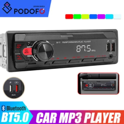 PODOFO Radio Coche con Bluetooth Manos Libres USB SD Aux FM 7 Colores 1DIN MP3