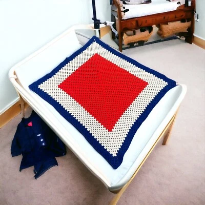 Baby Afghan Blanket Handmade Vintage Red White Blue Square  - Image 1 of 4