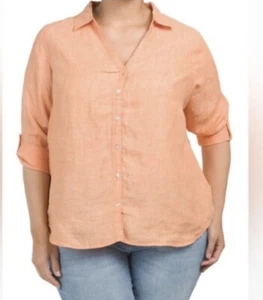 NWT Sigrid Olsen 100% Linen Button Up Blouse Plus 1X Roll Tab Sleeves Coral Top - Picture 1 of 9