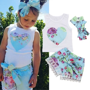 3PCS Toddler Kids Baby Girl Floral Vest Tops Lace Shorts Outfits Sunsuit Set - Picture 1 of 9