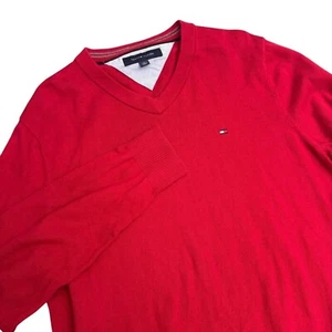 Tommy Hilfiger Herren L Rot Baumwolle Strickpullover V-Ausschnitt Langarm Preppy Pulli - Bild 1 von 11