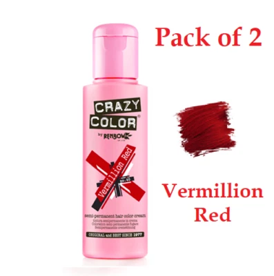 2 X Crazy Color Semi Permanent Haarfarbe Vermillion Rot - 100ml (Packung Mit 2) - Bild 1 von 2