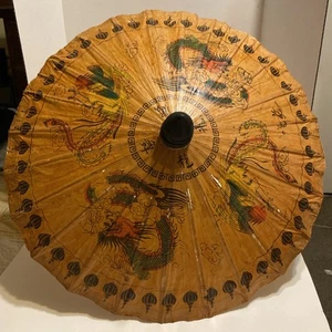 Antiker Vintage Regenschirm Öl, Papier, orientalisch chinesisch azurblau Drachen Design - Bild 1 von 23