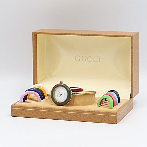 GUCCI 1100L Cambio Lunetta Orologio Oro Quadrante Bianco Quarzo Donna Bracciale Box Set