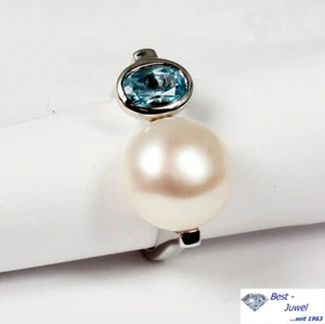 Anillo 585 De Oro Blanco 14 Quilates Con Topacio Azul Y Perla - Imagen 1 de 5