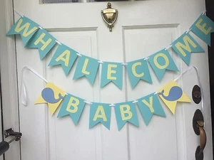 Preppy Nautical Whalecome Whale Baby Shower Banner Gender Reveal Banner Handmade - Picture 1 of 2