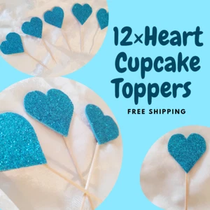 12 Pcs Blue Glitter Heart Cupcake Toppers Party Decoration Cupcake Picks - Picture 1 of 9