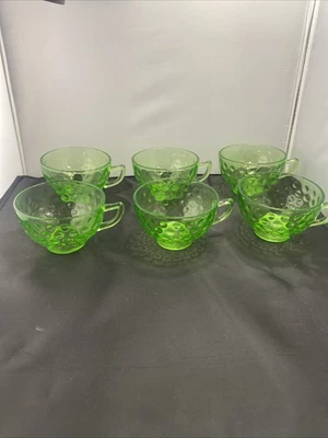 6 Federal Green Depression Glass Raindrops Optic Design Cup Glows Uranium Glass - Image 1 of 4