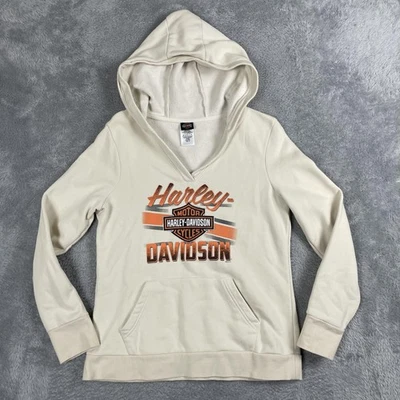 Harley-Davidson Sudadera con Capucha Mujer Mediana Crema Cuello en V Pullover Sudadera Gráfico Foto 1 de 4