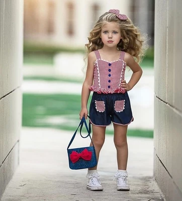 Conjunto de top y pantalones cortos de guinga roja Dollcake Picnic in the Park talla 6 con moño para el cabello Nuevo sin etiquetas Foto 1 de 4