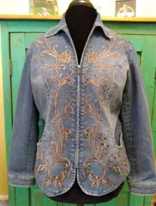 Coldwater Creek Denim Jacket Womens PM Petite Medium Blue Jean Embroidered EUC - Picture 1 of 8