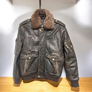 Diesel A-2 Leather Jacket Dark Brown Shearling Collar Military Style Used - Picture 1 of 8