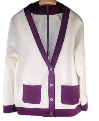 Cárdigan universitario tejido jersey Stella Parker blanco púrpura borde mediano precio de venta sugerido por el fabricante: $108 nuevo con etiquetas Foto 1 de 4
