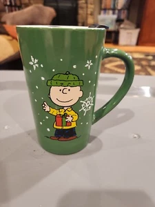 AUTHENTIC " PEANUTS" CHARLIE BROWN HOLIDAY COFFEE MUG W/LID - Picture 1 of 4