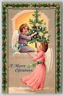 Christmas~Angel Girls Pull Lit Candle Tree Thru Window~Pinecone Border~1908