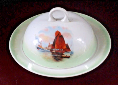 Antiguo plato redondo de porcelana de 2 piezas de mantequilla/queso escena de barco de vela perfecto Foto 1 de 4