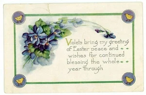Postal de colección VIOLETAS TRAEN MI SALUDO DE LA PAZ DE PASCUA... 4 POLLITOS Whitney - Imagen 1 de 2