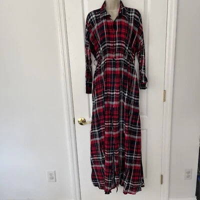 Ein Red S Scottish Plaid Women's Maxi Shirt Dress Long Sleeve Pockets Slit - Image 1 of 4