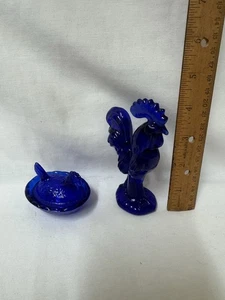 Cobalt Blue Mini Rooster & Mini Hen On Nest - Picture 1 of 5