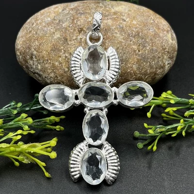 Colgante Cruz Joyería Piedras Preciosas Topacio Blanco Plata de Ley 925 Foto 1 de 4