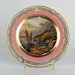 Antiker rosa handbemalter topographischer Paris Porzellan Teller - Genfersee PC - Bild 1 von 5